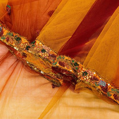 Sanskriti Vintage Yellow-Pink Net Saree Hand Embroidery Zardozi Zari 6+YD Fabric