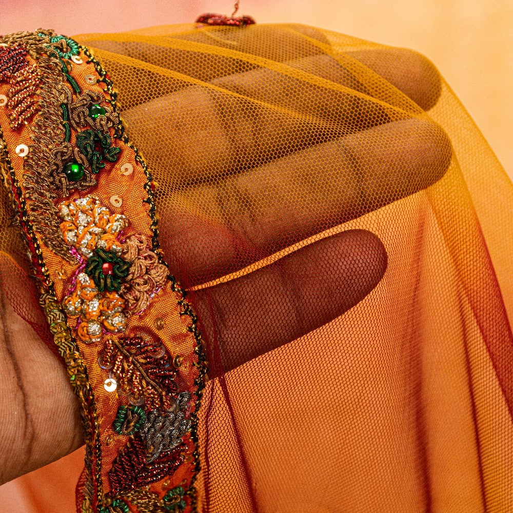 Sanskriti Vintage Yellow-Pink Net Saree Hand Embroidery Zardozi Zari 6+YD Fabric
