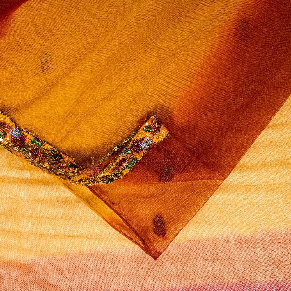 Sanskriti Vintage Yellow-Pink Net Saree Hand Embroidery Zardozi Zari 6+YD Fabric