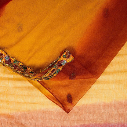 Sanskriti Vintage Yellow-Pink Net Saree Hand Embroidery Zardozi Zari 6+YD Fabric