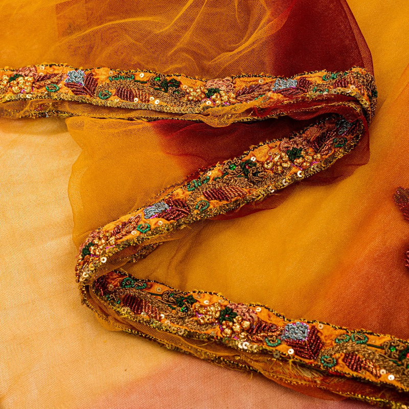 Sanskriti Vintage Yellow-Pink Net Saree Hand Embroidery Zardozi Zari 6+YD Fabric