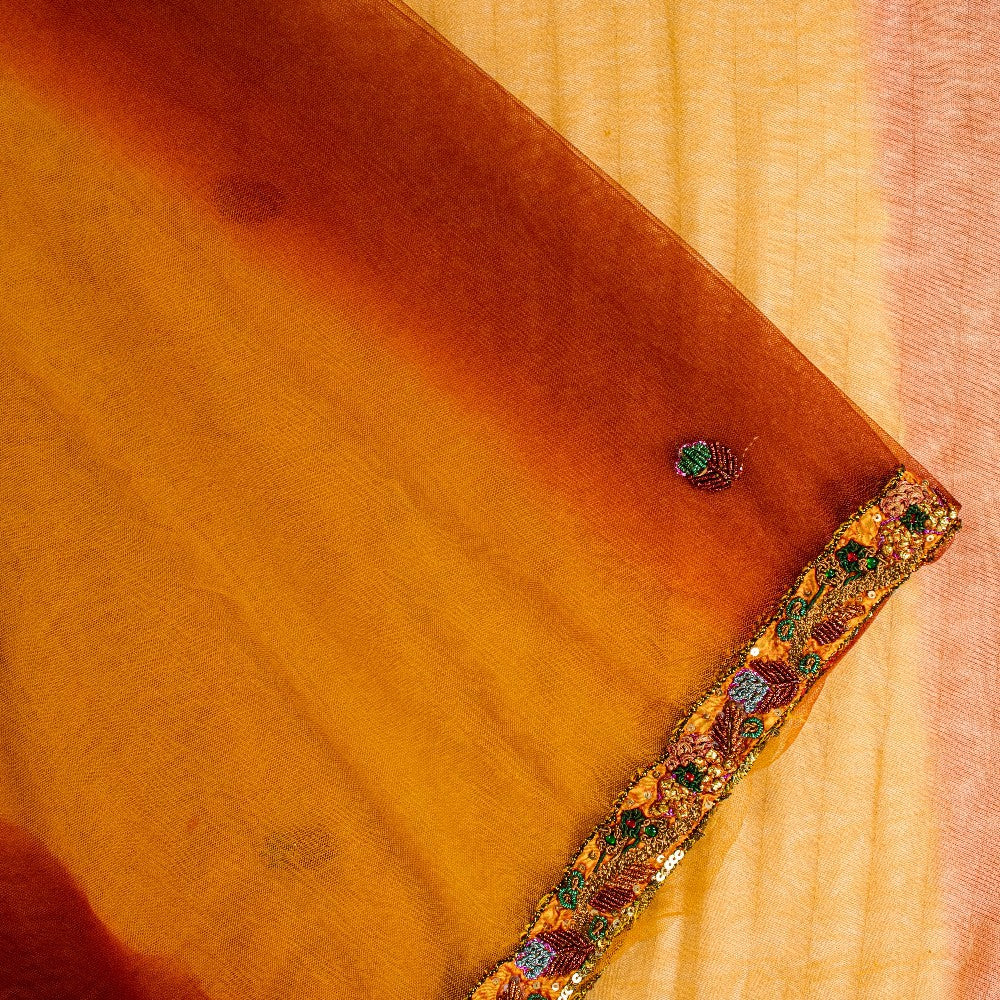 Sanskriti Vintage Yellow-Pink Net Saree Hand Embroidery Zardozi Zari 6+YD Fabric