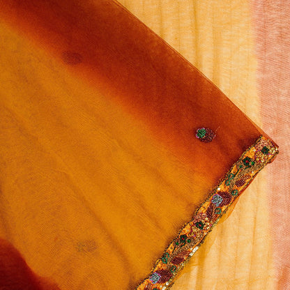 Sanskriti Vintage Yellow-Pink Net Saree Hand Embroidery Zardozi Zari 6+YD Fabric