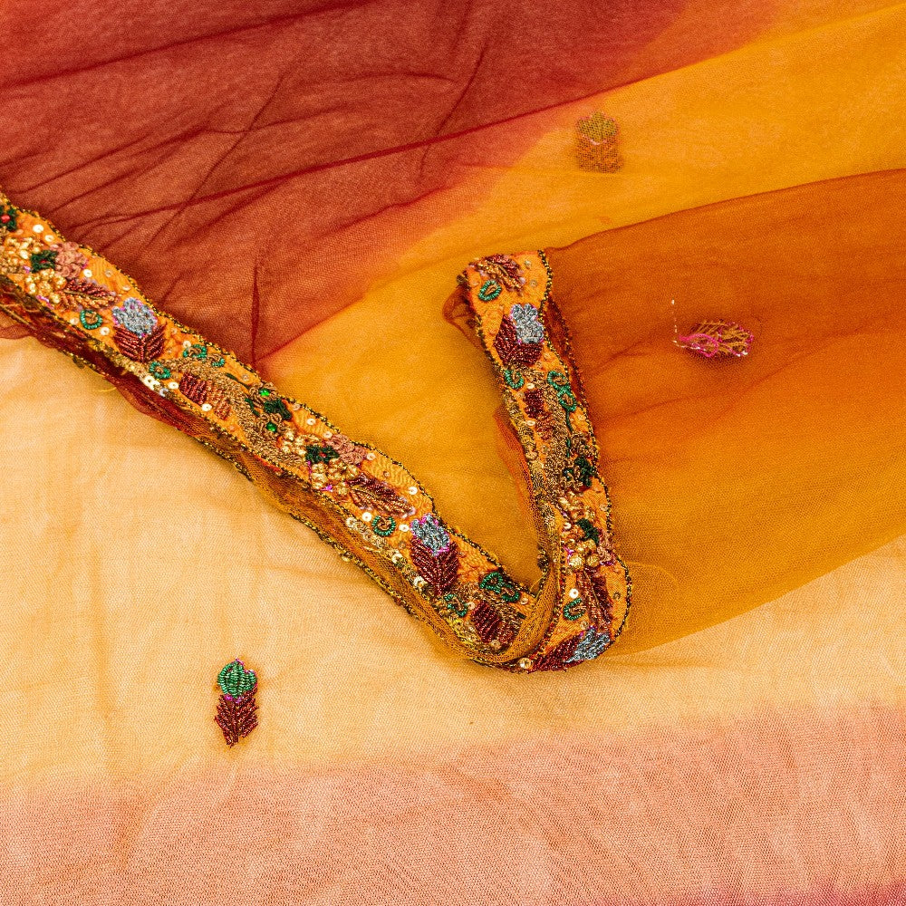 Sanskriti Vintage Yellow-Pink Net Saree Hand Embroidery Zardozi Zari 6+YD Fabric