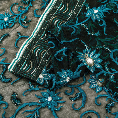 Sanskriti Vintage Black Net Mesh Saree Hand Embroidered Beaded 6YD Craft Fabric