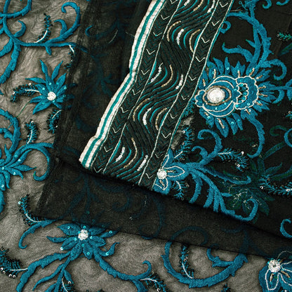 Sanskriti Vintage Black Net Mesh Saree Hand Embroidered Beaded 6YD Craft Fabric