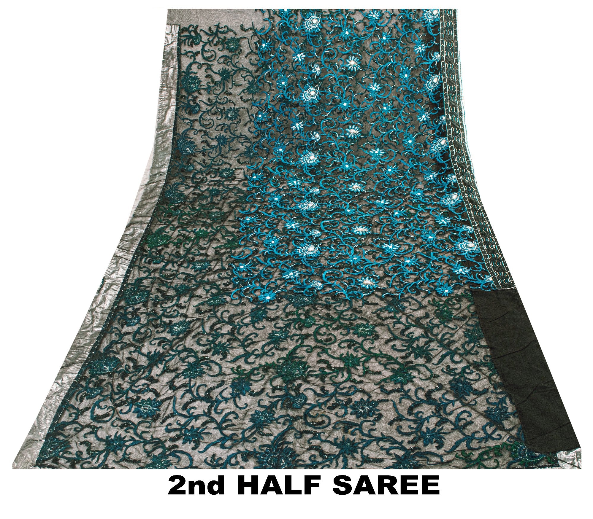 Sanskriti Vintage Black Net Mesh Saree Hand Embroidered Beaded 6YD Craft Fabric