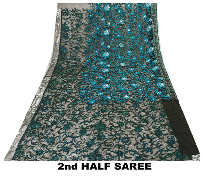Sanskriti Vintage Black Net Mesh Saree Hand Embroidered Beaded 6YD Craft Fabric