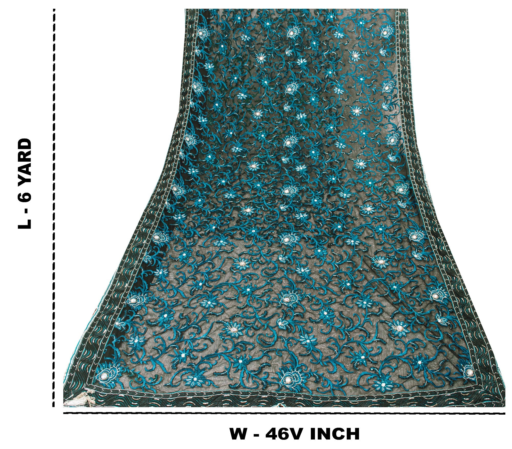 Sanskriti Vintage Black Net Mesh Saree Hand Embroidered Beaded 6YD Craft Fabric