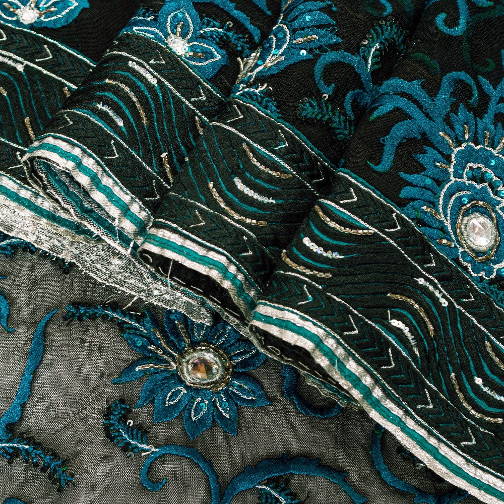 Sanskriti Vintage Black Net Mesh Saree Hand Embroidered Beaded 6YD Craft Fabric