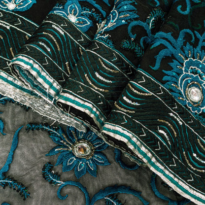 Sanskriti Vintage Black Net Mesh Saree Hand Embroidered Beaded 6YD Craft Fabric