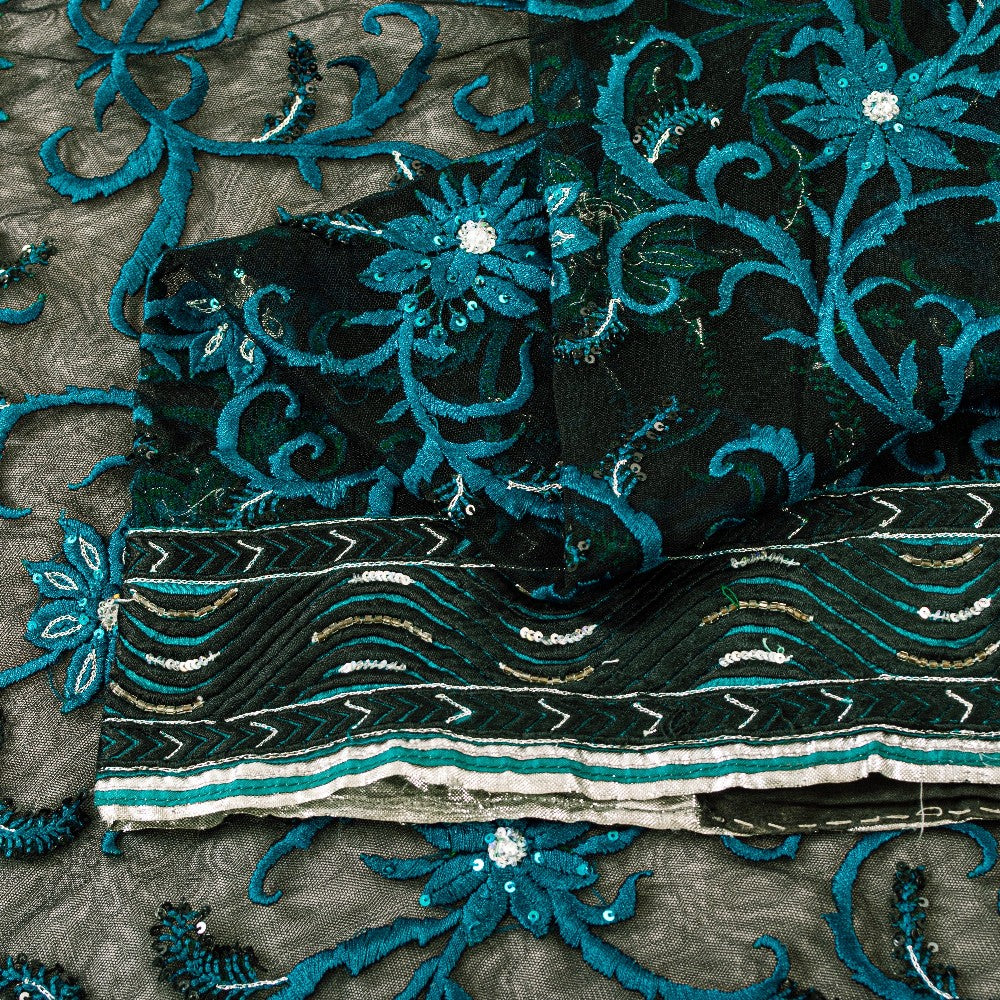 Sanskriti Vintage Black Net Mesh Saree Hand Embroidered Beaded 6YD Craft Fabric