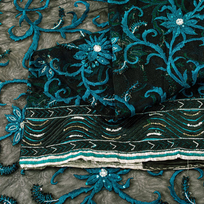 Sanskriti Vintage Black Net Mesh Saree Hand Embroidered Beaded 6YD Craft Fabric