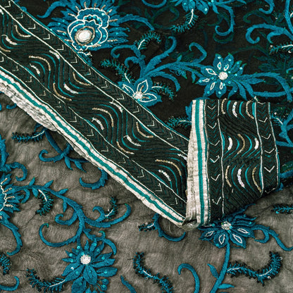 Sanskriti Vintage Black Net Mesh Saree Hand Embroidered Beaded 6YD Craft Fabric