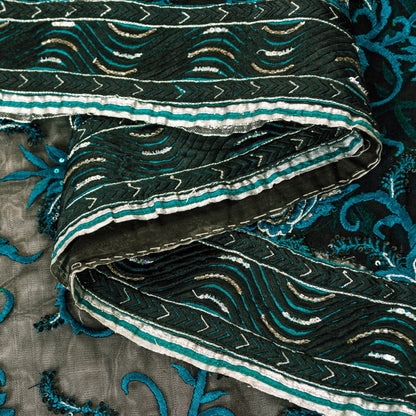 Sanskriti Vintage Black Net Mesh Saree Hand Embroidered Beaded 6YD Craft Fabric