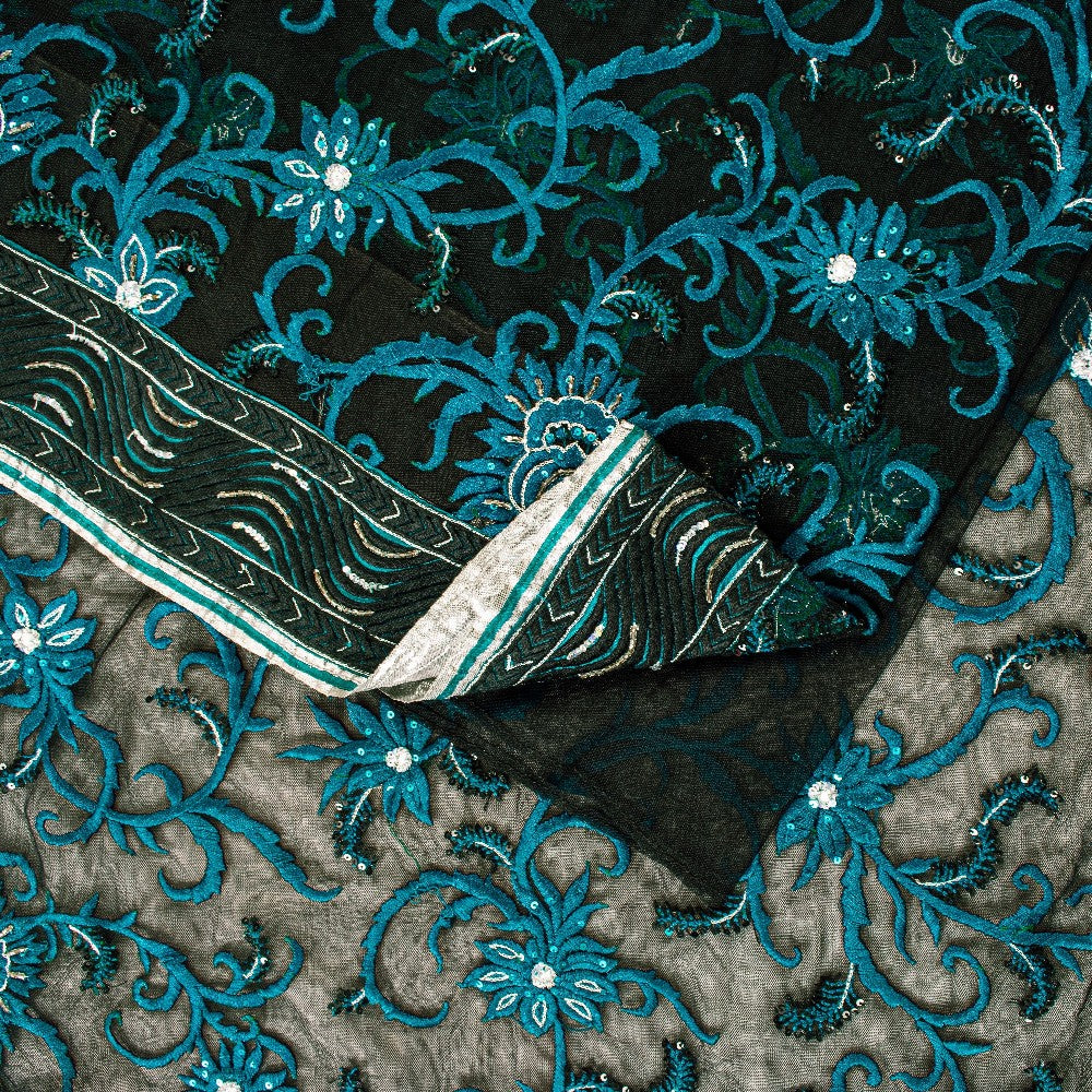 Sanskriti Vintage Black Net Mesh Saree Hand Embroidered Beaded 6YD Craft Fabric