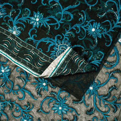 Sanskriti Vintage Black Net Mesh Saree Hand Embroidered Beaded 6YD Craft Fabric