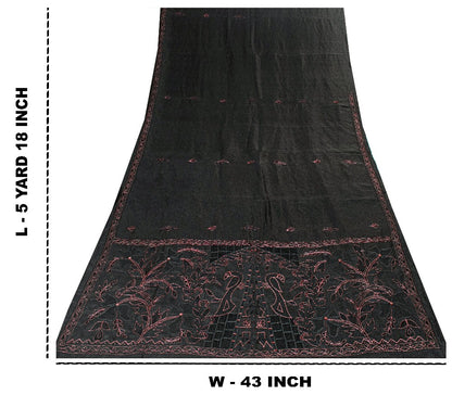 Sanskriti Vintage Black Pure Silk Saree Peacock Embroidery Beaded 5.5+YD Fabric