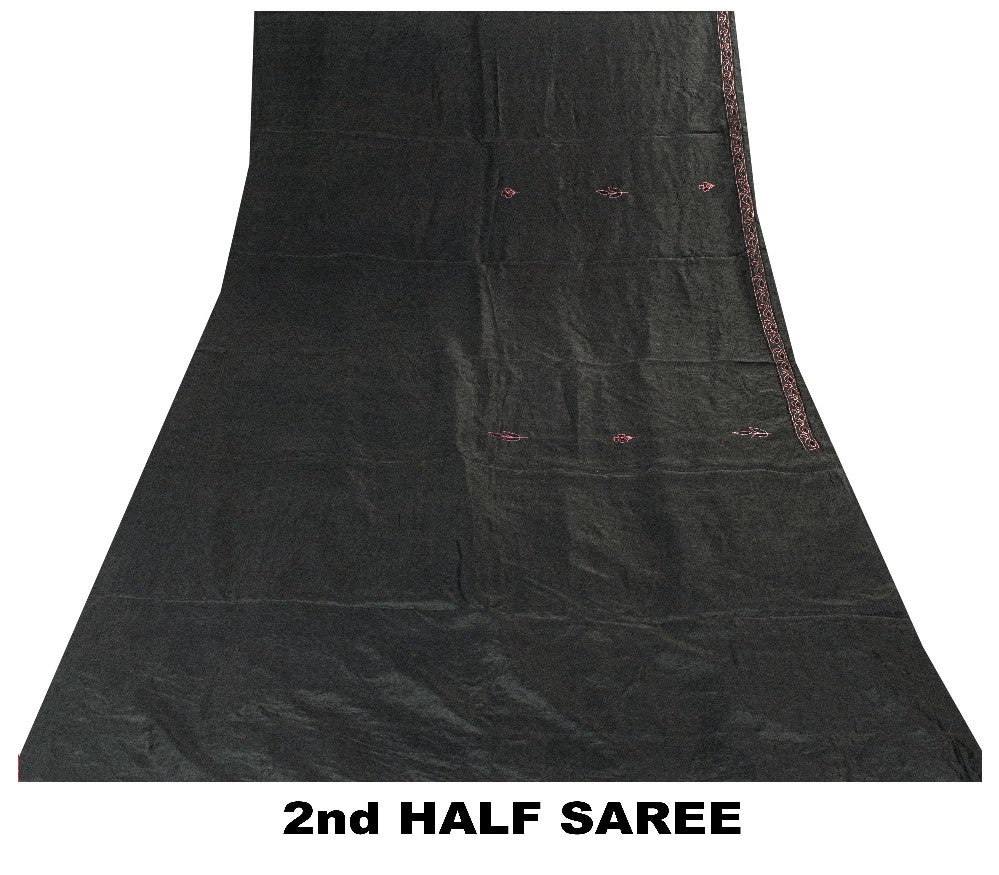 Sanskriti Vintage Black Pure Silk Saree Peacock Embroidery Beaded 5.5+YD Fabric