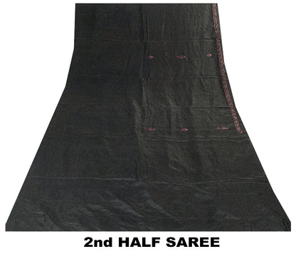 Sanskriti Vintage Black Pure Silk Saree Peacock Embroidery Beaded 5.5+YD Fabric