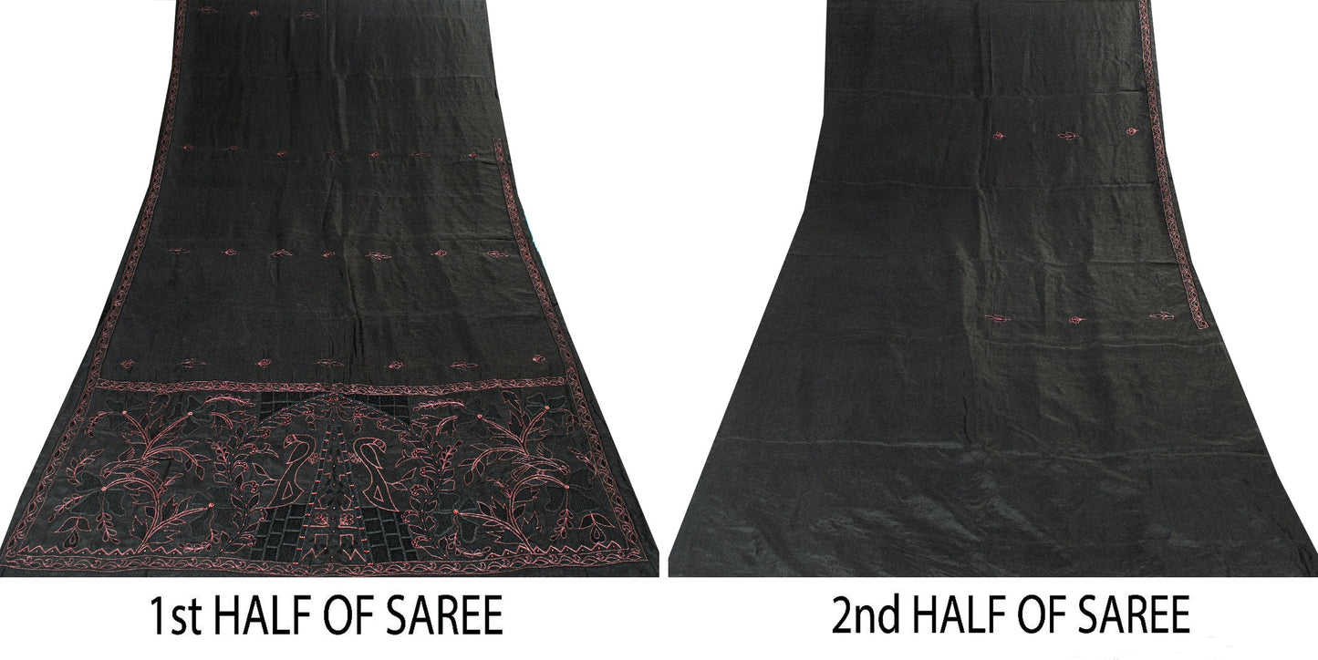 Sanskriti Vintage Black Pure Silk Saree Peacock Embroidery Beaded 5.5+YD Fabric