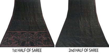 Sanskriti Vintage Black Pure Silk Saree Peacock Embroidery Beaded 5.5+YD Fabric