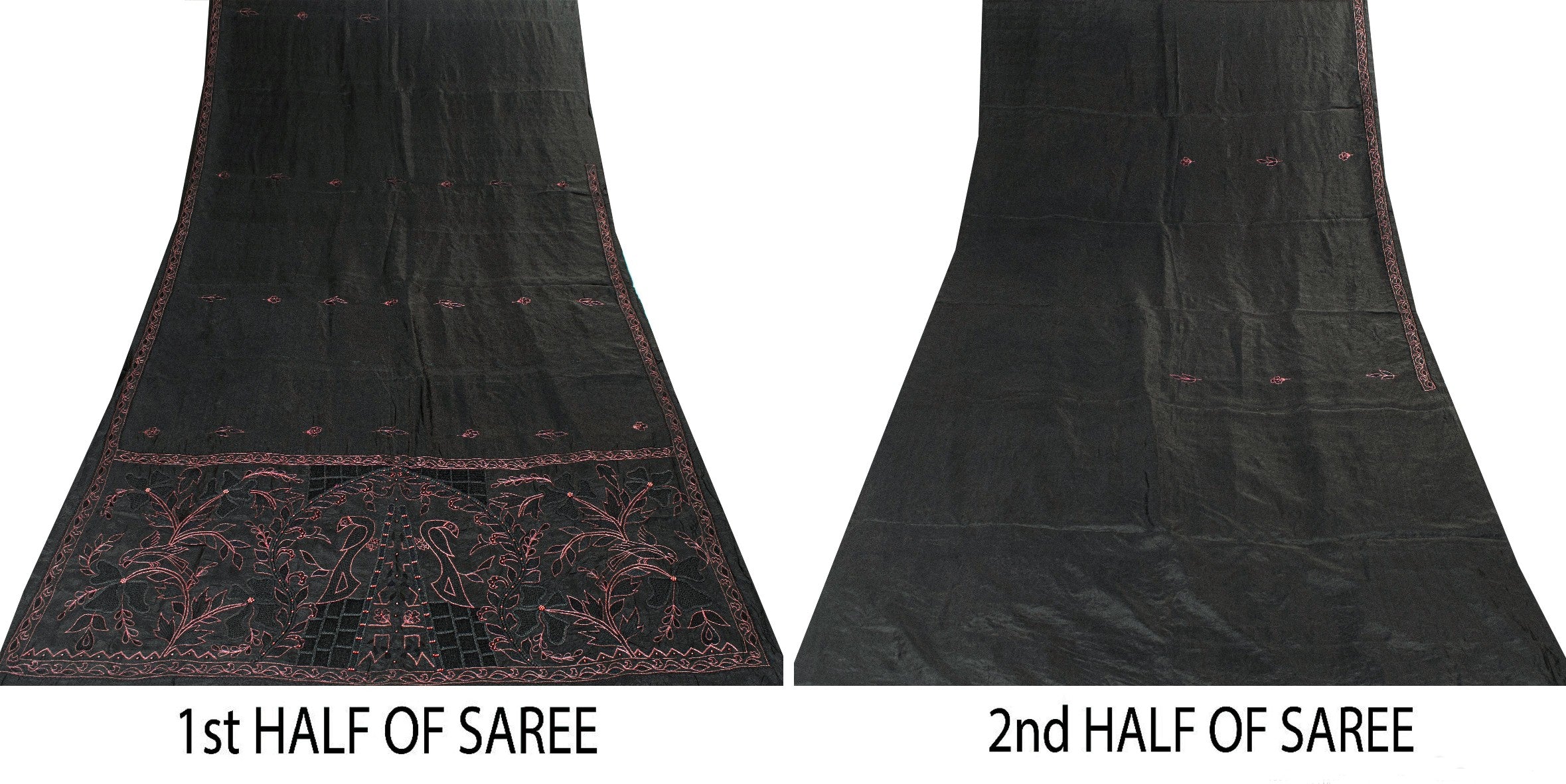 Sanskriti Vintage Black Pure Silk Saree Peacock Embroidery Beaded 5.5+YD Fabric