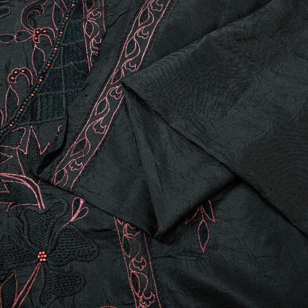 Sanskriti Vintage Black Pure Silk Saree Peacock Embroidery Beaded 5.5+YD Fabric