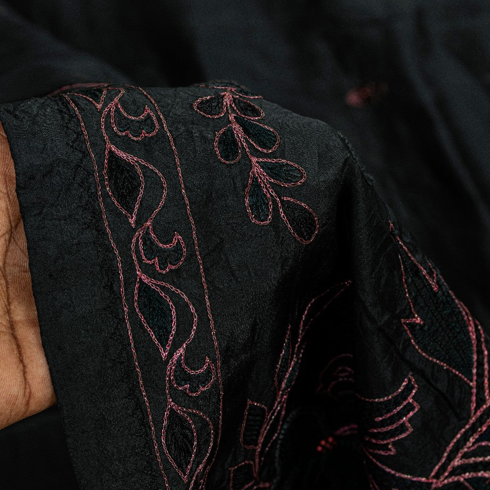 Sanskriti Vintage Black Pure Silk Saree Peacock Embroidery Beaded 5.5+YD Fabric