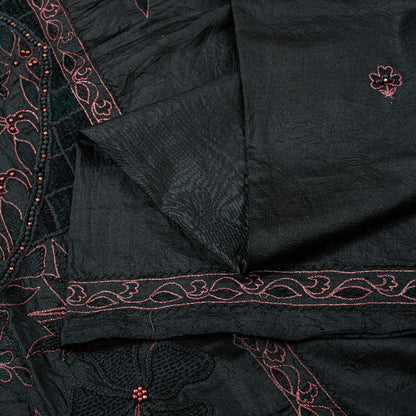 Sanskriti Vintage Black Pure Silk Saree Peacock Embroidery Beaded 5.5+YD Fabric
