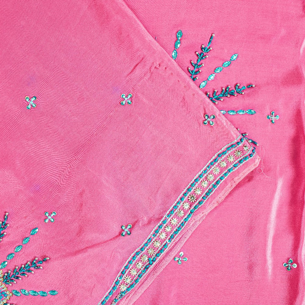 Sanskriti Vintage Pink 100% Pure Crepe Saree Hand Beaded Sari 5+YD Craft Fabric