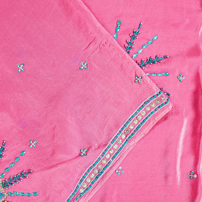 Sanskriti Vintage Pink 100% Pure Crepe Saree Hand Beaded Sari 5+YD Craft Fabric