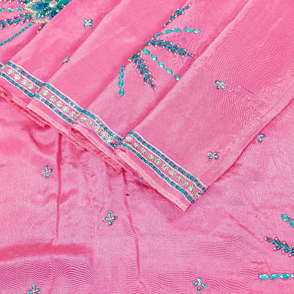 Sanskriti Vintage Pink 100% Pure Crepe Saree Hand Beaded Sari 5+YD Craft Fabric