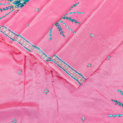 Sanskriti Vintage Pink 100% Pure Crepe Saree Hand Beaded Sari 5+YD Craft Fabric