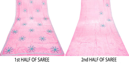 Sanskriti Vintage Pink 100% Pure Crepe Saree Hand Beaded Sari 5+YD Craft Fabric