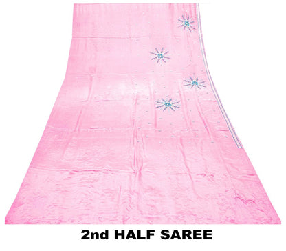 Sanskriti Vintage Pink 100% Pure Crepe Saree Hand Beaded Sari 5+YD Craft Fabric