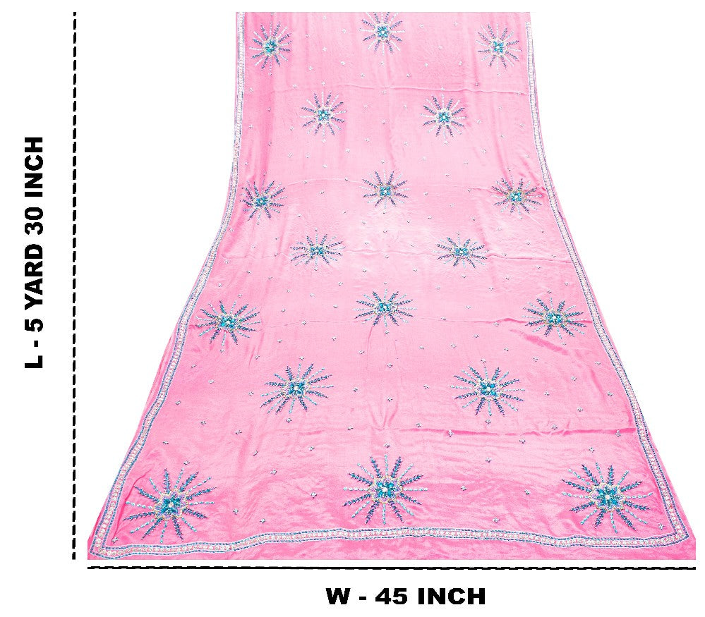 Sanskriti Vintage Pink 100% Pure Crepe Saree Hand Beaded Sari 5+YD Craft Fabric