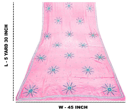Sanskriti Vintage Pink 100% Pure Crepe Saree Hand Beaded Sari 5+YD Craft Fabric