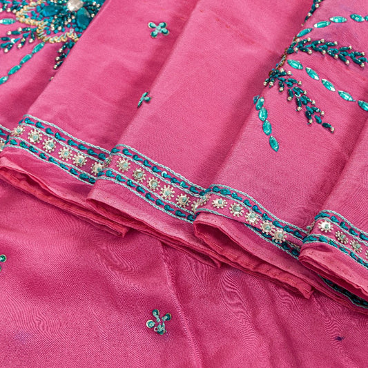 Sanskriti Vintage Pink 100% Pure Crepe Saree Hand Beaded Sari 5+YD Craft Fabric