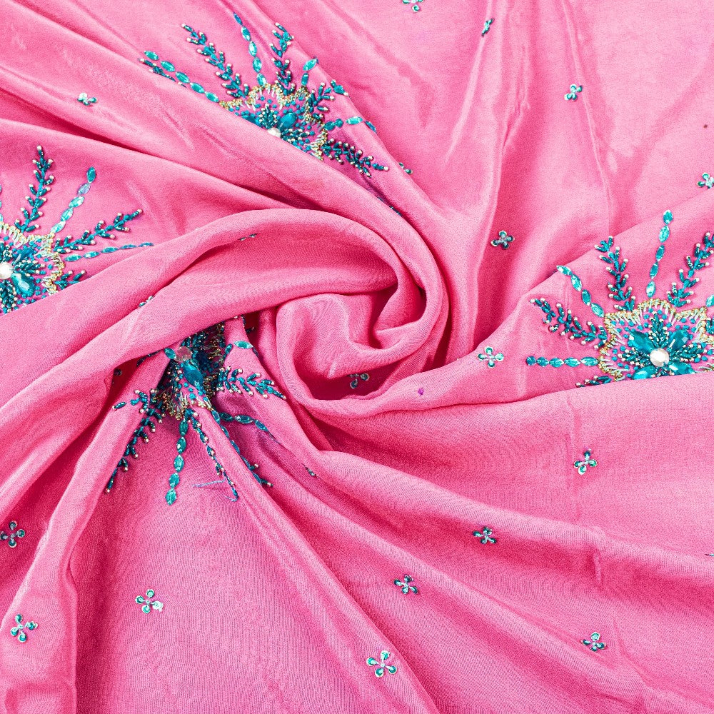 Sanskriti Vintage Pink 100% Pure Crepe Saree Hand Beaded Sari 5+YD Craft Fabric