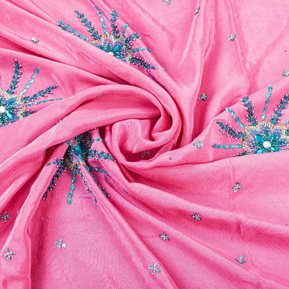 Sanskriti Vintage Pink 100% Pure Crepe Saree Hand Beaded Sari 5+YD Craft Fabric