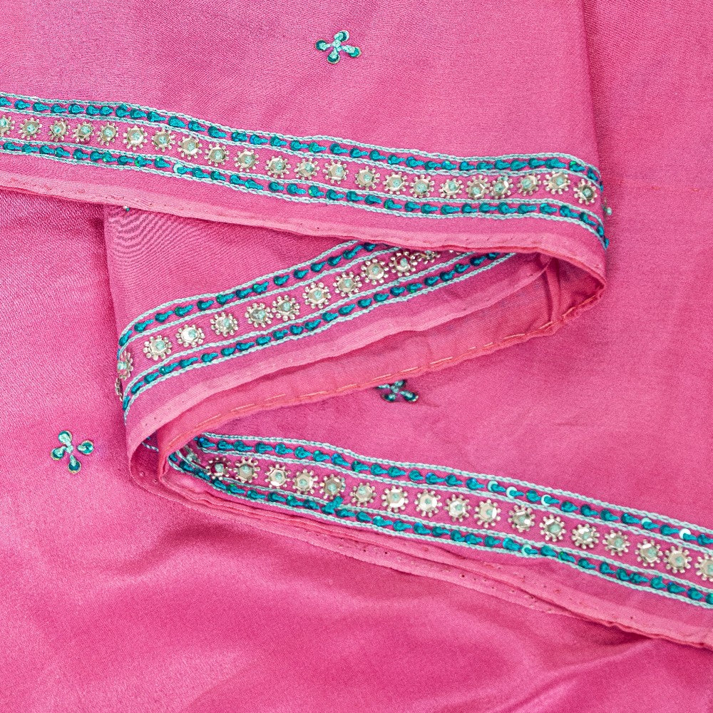 Sanskriti Vintage Pink 100% Pure Crepe Saree Hand Beaded Sari 5+YD Craft Fabric