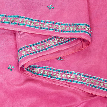Sanskriti Vintage Pink 100% Pure Crepe Saree Hand Beaded Sari 5+YD Craft Fabric