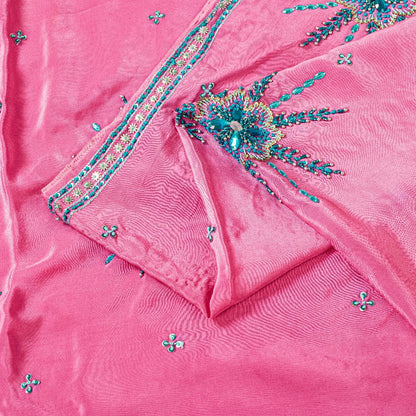Sanskriti Vintage Pink 100% Pure Crepe Saree Hand Beaded Sari 5+YD Craft Fabric