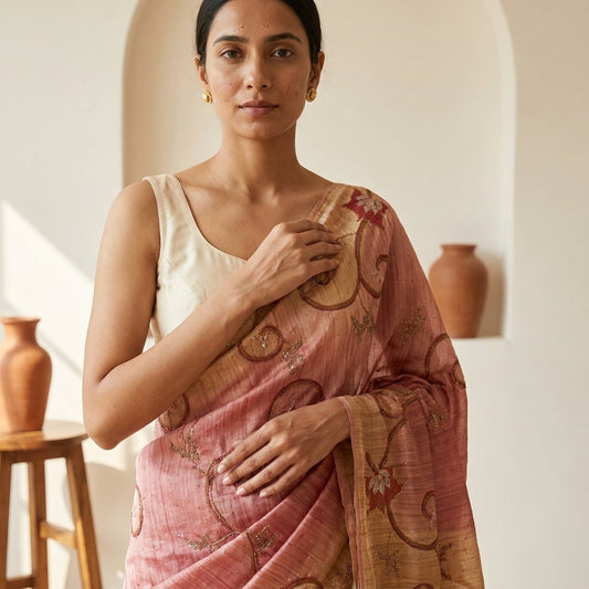 Sanskriti Vintage Saree Pink Pure Georgette Silk Embroidered Kamdani MukaishSari