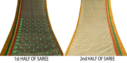 Sanskriti Vintage White-Gray Pure Cotton Saree Embroidered Sari 5.5+Craft Fabric