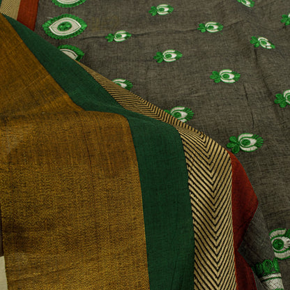 Sanskriti Vintage White-Gray Pure Cotton Saree Embroidered Sari 5.5+Craft Fabric