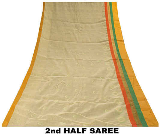 Sanskriti Vintage White-Gray Pure Cotton Saree Embroidered Sari 5.5+Craft Fabric