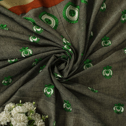 Sanskriti Vintage White-Gray Pure Cotton Saree Embroidered Sari 5.5+Craft Fabric