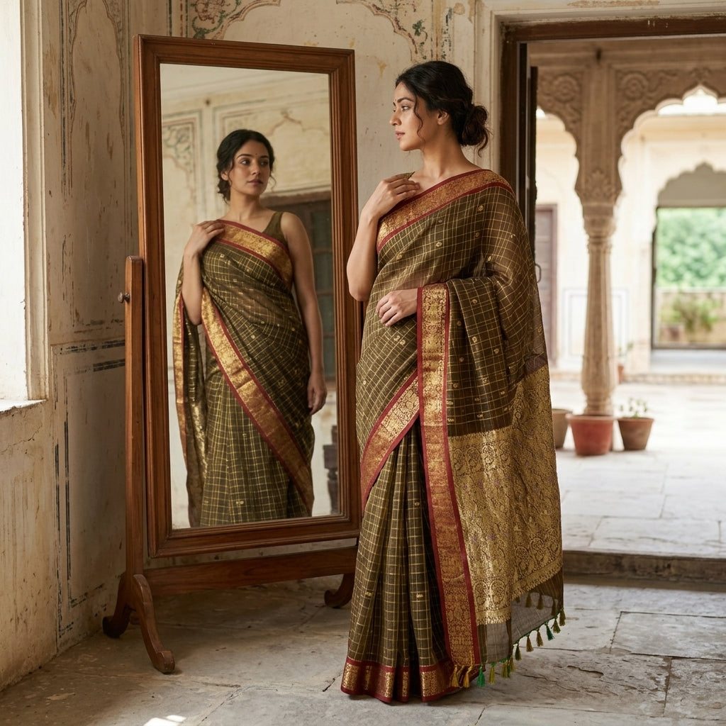 Sanskriti Vintage Saree Green Cotton Silk Brocade Zari Hand Woven Fabric 5YDSari